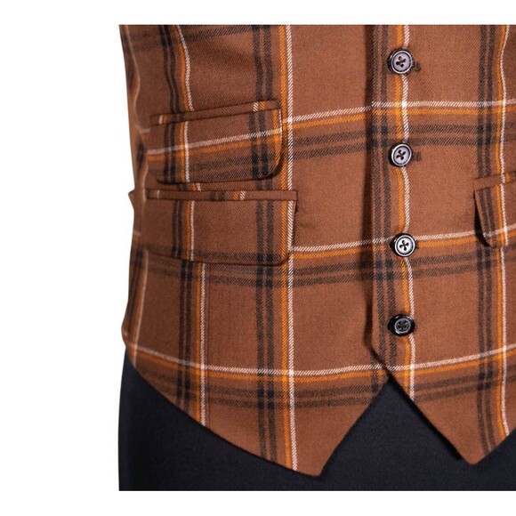 Mens Waistcoat Suit Lapel Vest 40R Brown Orange Plaid Wool Formal Wedding Party - Picture 6 of 9